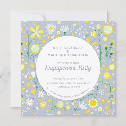 Moderne Blue Yellow Floral Engagement Party Einladung (Vorderseite)