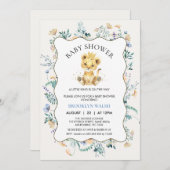 Moderne Blue Yellow Floral Lion Baby Dusche Einladung (Vorne/Hinten)