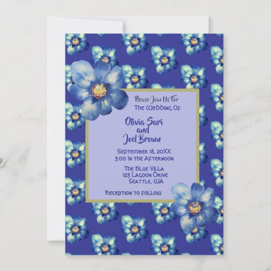 Moderne Blue & Yellow Wildblume Royal Blue Wedding Einladung (Vorderseite)