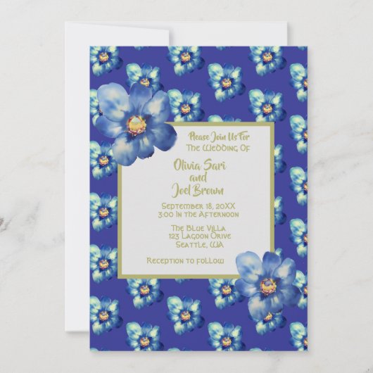 Moderne Blue & Yellow Wildblume Royal Blue Wedding Einladung (Vorderseite)