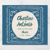 Moderne Blue Zeichnend Handwriting Retro Wedding Schaumweinetikett (Einzelnes Label)