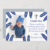 Moderne Bluebonnets Dusty Blue Cross Boy Taufe Dankeskarte (Vorne/Hinten)