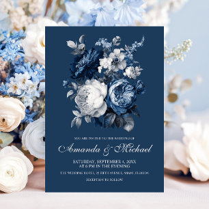 Moderne Blues & Graublütenhochzeit Einladung