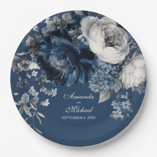 Moderne Blues & Graublütenhochzeit Pappteller (Vorderseite)
