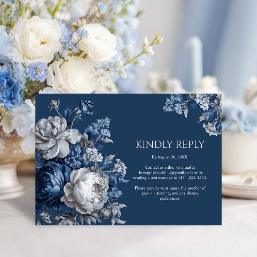 Moderne Blues & Graublütenhochzeit RSVP Karte