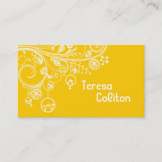 Moderne blühende Wirbel und Vögel gelb Visitenkarte (Vorderseite)