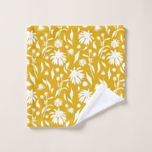 Moderne Blume aus weißem Kies auf Senf-Gelb Badhandtuch Set (Waschlappen)