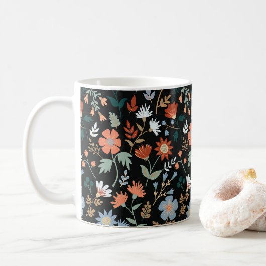 Moderne Blume Blätter Black Orange Blue Floral Kaffeetasse (Mit Donut)