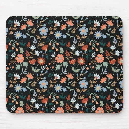 Moderne Blume Blätter Black Orange Blue Floral Mousepad (Vorne)