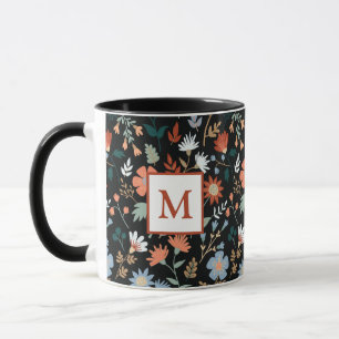 Moderne Blume Blätter Schwarz Orange Blue Monogram Tasse
