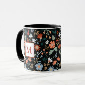 Moderne Blume Blätter Schwarz Orange Blue Monogram Tasse (Vorderseite Links)