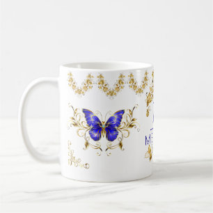 Moderne Blume Blau- und Goldschmetterlinge mit Mon Kaffeetasse