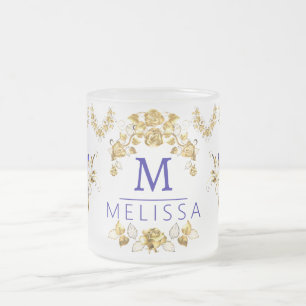 Moderne Blume Blau- und Goldschmetterlinge mit Mon Mattglastasse