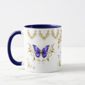Moderne Blume Blau- und Goldschmetterlinge mit Mon Tasse (Links)