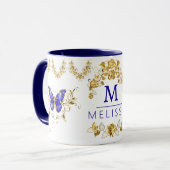 Moderne Blume Blau- und Goldschmetterlinge mit Mon Tasse (Vorderseite Links)