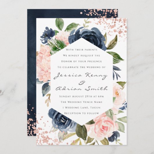 Moderne Blume für Hochzeiten von Navy & Blush Einladung (Vorne/Hinten)