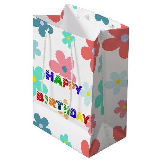 Moderne Blume Geburtstagsparty Mittlere Geschenktüte (Vorderseite Schrägansicht)
