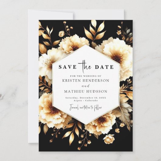 Moderne Blume Gold und Black Wedding Save The Date (Vorderseite)