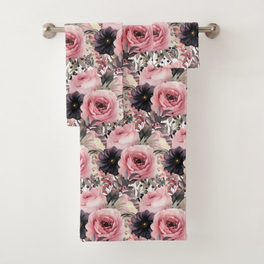 Moderne Blume in Rosa und Schwarz, Blumen, Handtuc Badhandtuch Set (Insitu)