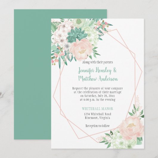 Moderne Blume mit Minze und Wasserfarbe Hochzeiten Einladung (Vorne/Hinten)