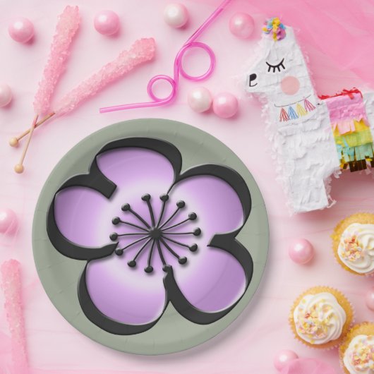 Moderne Blume Mitte - Lila, schwarz, grau Pappteller (Party)