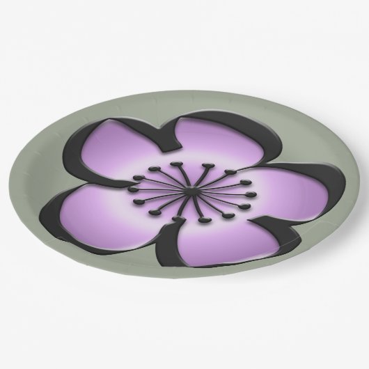 Moderne Blume Mitte - Lila, schwarz, grau Pappteller (Schrägansicht)