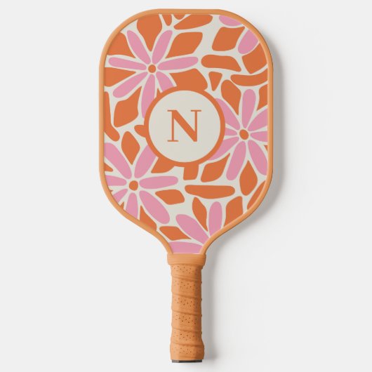 Moderne Blume Rosa und Orange Monogramm Pickleball Schläger (Vorderseite)
