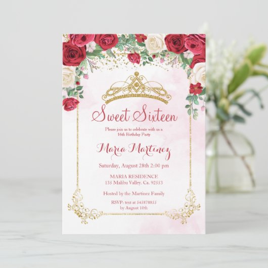 Moderne Blume Rose Rosa Sweet 16 Einladung (Stehend Vorderseite)