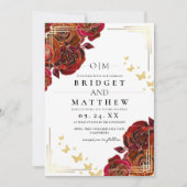 Moderne Blume Rote Rose und Goldhochzeit Einladung (Vorderseite)