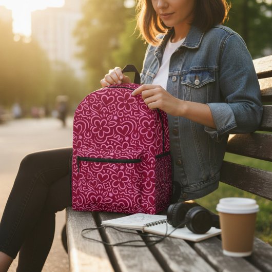 Moderne Blume Rotes Rosa Herzdoodle Bedruckter Rucksack