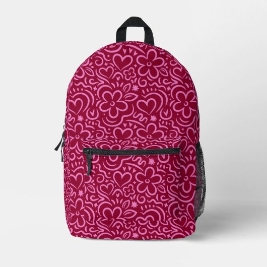 Moderne Blume Rotes Rosa Herzdoodle Bedruckter Rucksack (Vorderseite)