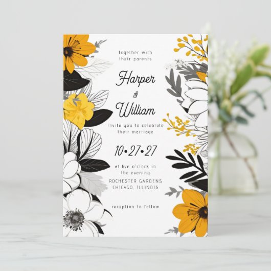 Moderne Blume Schwarz, Weiß, Gelb Einladung (Stehend Vorderseite)