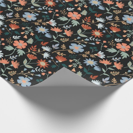 Moderne Blume Schwarzer Orangenblauer Botanischer Geschenkpapier (Ecke)