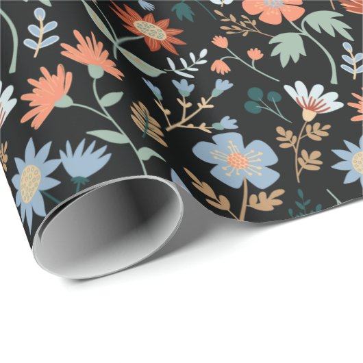 Moderne Blume Schwarzer Orangenblauer Botanischer Geschenkpapier (Rolleneckpunkt)