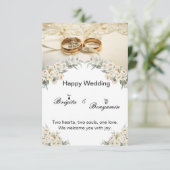 Moderne Blume und 2 Goldringe Hochzeit Einladung (Stehend Vorderseite)