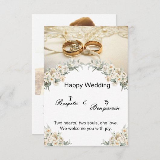 Moderne Blume und 2 Goldringe Hochzeit Einladung (Vorne/Hinten)