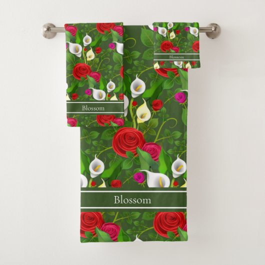 Moderne Blume und Drehbuch zu Forest Green Badhandtuch Set (Insitu)