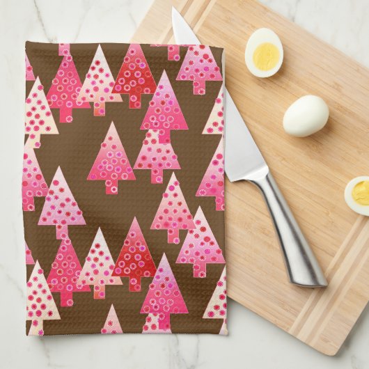 Moderne Blume Weihnachtsbäume - Korallen & Braun Küchentuch (Viertel Falte)