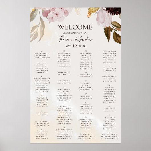 Moderne Blumen | Alphabetische Marmorsitzkarte Poster (Vorne)