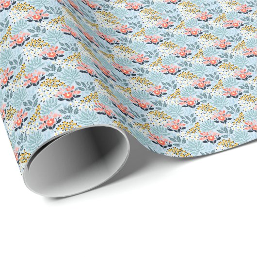 Moderne Blumen auf Blau Geschenkpapier (Rolleneckpunkt)