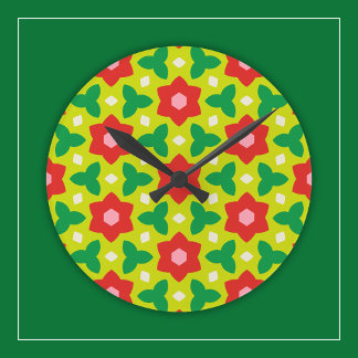 Moderne Blumen auf grünen und roten geometrischen Runde Wanduhr