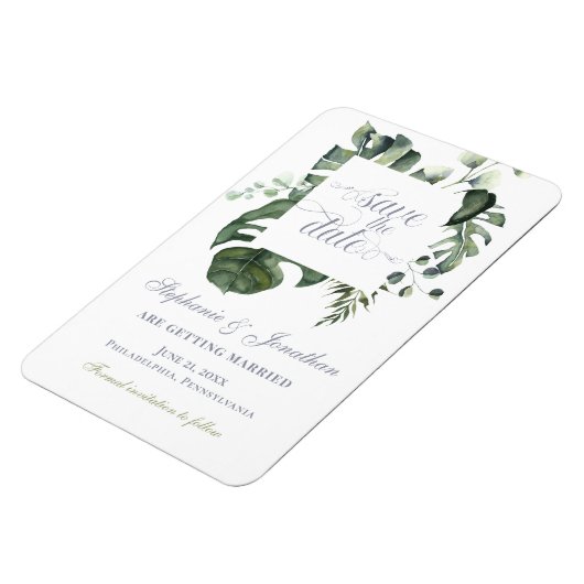 Moderne Blumen | Blaue und grüne Save the Date Hoc Magnet (Linke Seite)
