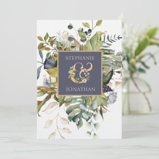 Moderne Blumen |Blue & Green w Ampersand Hochzeit Einladung (Stehend Vorderseite)