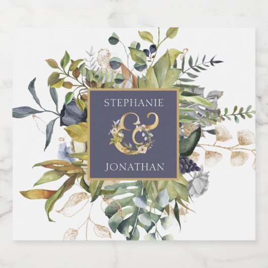 Moderne Blumen |Blue & Green w Ampersand Hochzeit Schaumweinetikett (Einzelnes Label)