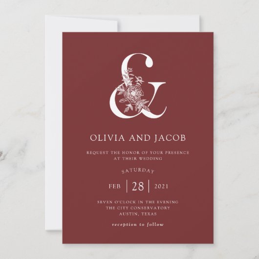 Moderne Blumen | Burgundy Ampersand Wedding Einladung (Vorderseite)