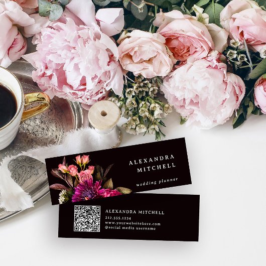 Moderne Blumen | Dunkler farbiger und eleganter QR Mini Visitenkarte