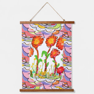 Moderne Blumen im Art Deco-Stil - Mixed Media Wandteppich Mit Holzrahmen