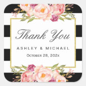 Moderne Blumendekoration Schwarz-weiße Streifen Da Quadratischer Aufkleber (Vorderseite)