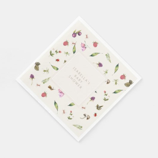Moderne Blumendusche Grüne Berries Insekten Serviette (Ecke)