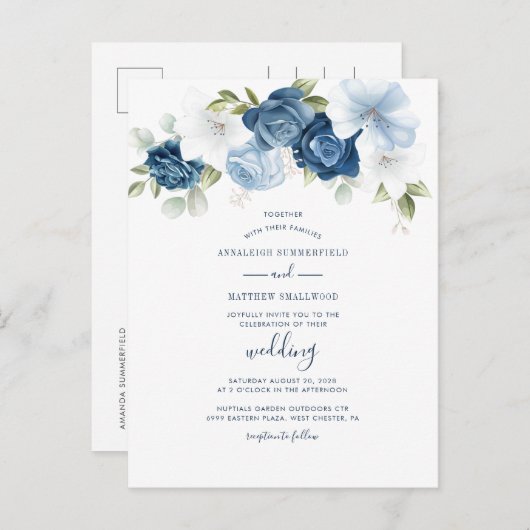 Moderne Blumendusty Blauer Botanische Hochzeit Einladungspostkarte (Vorne/Hinten)